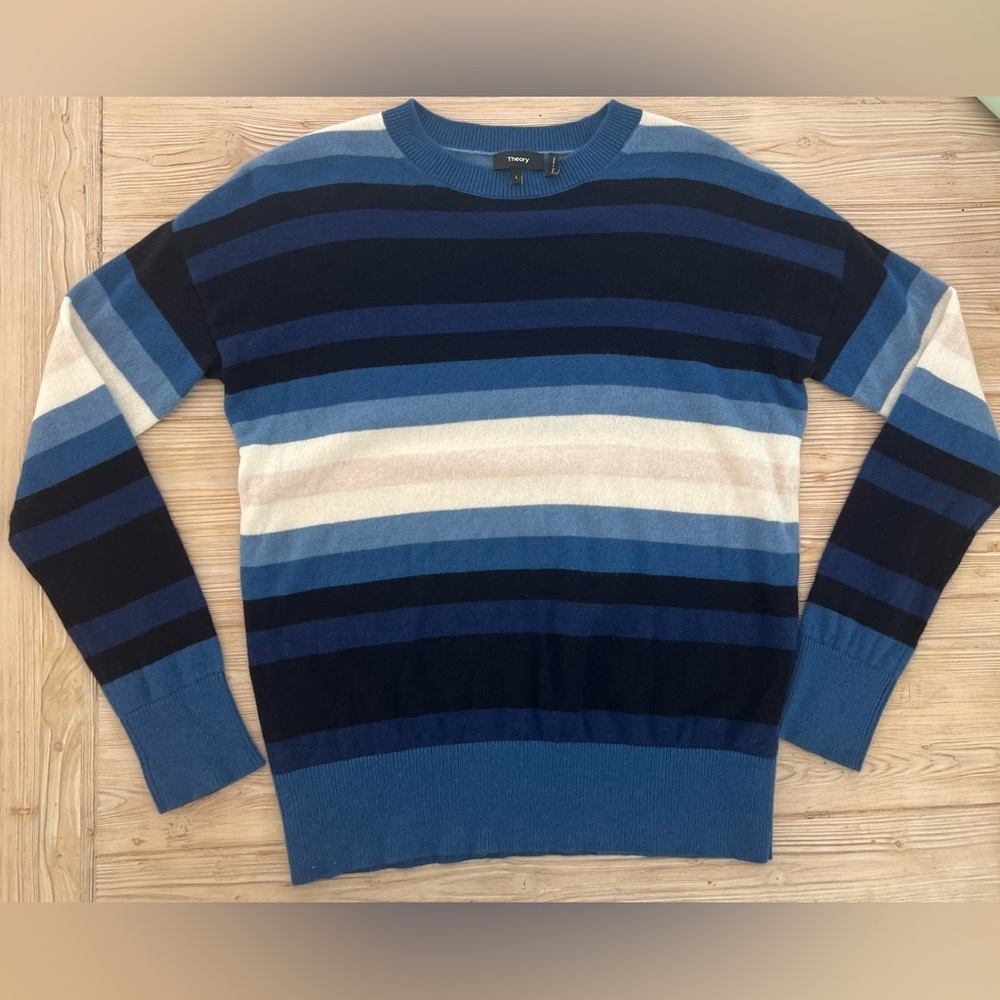 Theory Blue Stripe Cashmere Sweater | Women’s Large | Oversized Fit - Picture 2 of 6